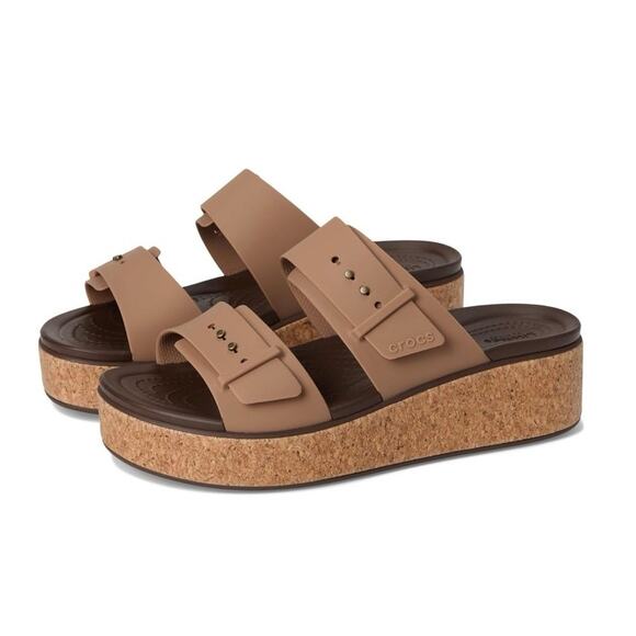 Crocs Brooklyn Cork Platform Sandals Tan Wedge Slip On Comfort Size 9 - Picture 1 of 9